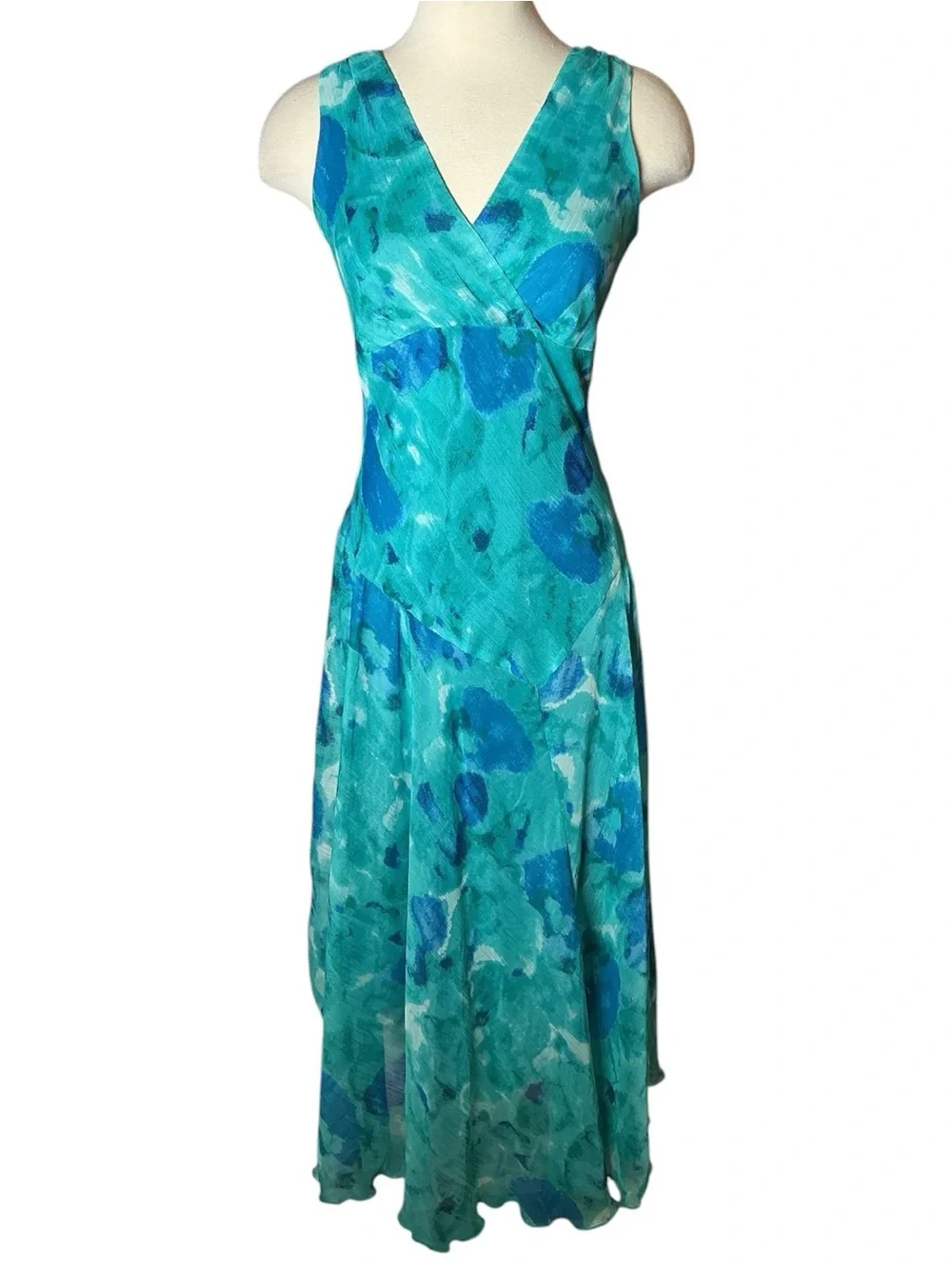 Vintage Y2K Dressbarn Drop Waist V-neck Sleeveless Watercolor Maxi Dress